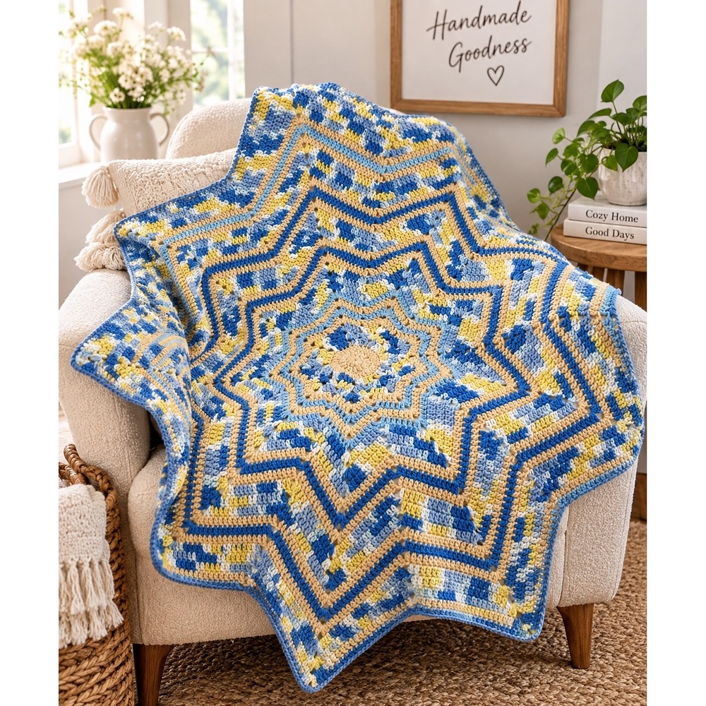Handmade Crochet Star Blanket Blue Yellow Variegated 9 Point Ripple Afghan 47in